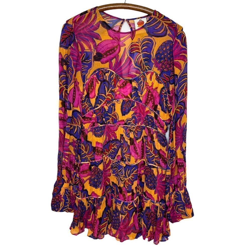 FARM RIO Yellow Fruit Dream Long Sleeve Mini Dress NWT - Picture 2 of 12